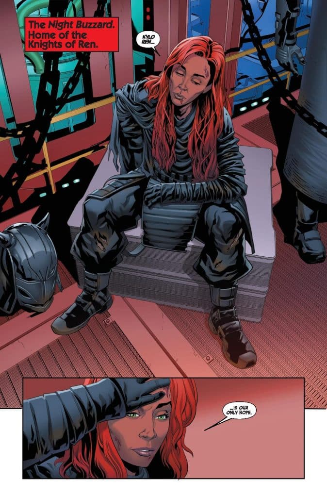 A character with red hair, wearing a dark outfit, is seated on a platform inside a futuristic setting. The background features chains and mechanical elements. Text above them identifies the location as the 'Night Buzzard' and mentions the 'Knights of Ren.' The character appears contemplative.