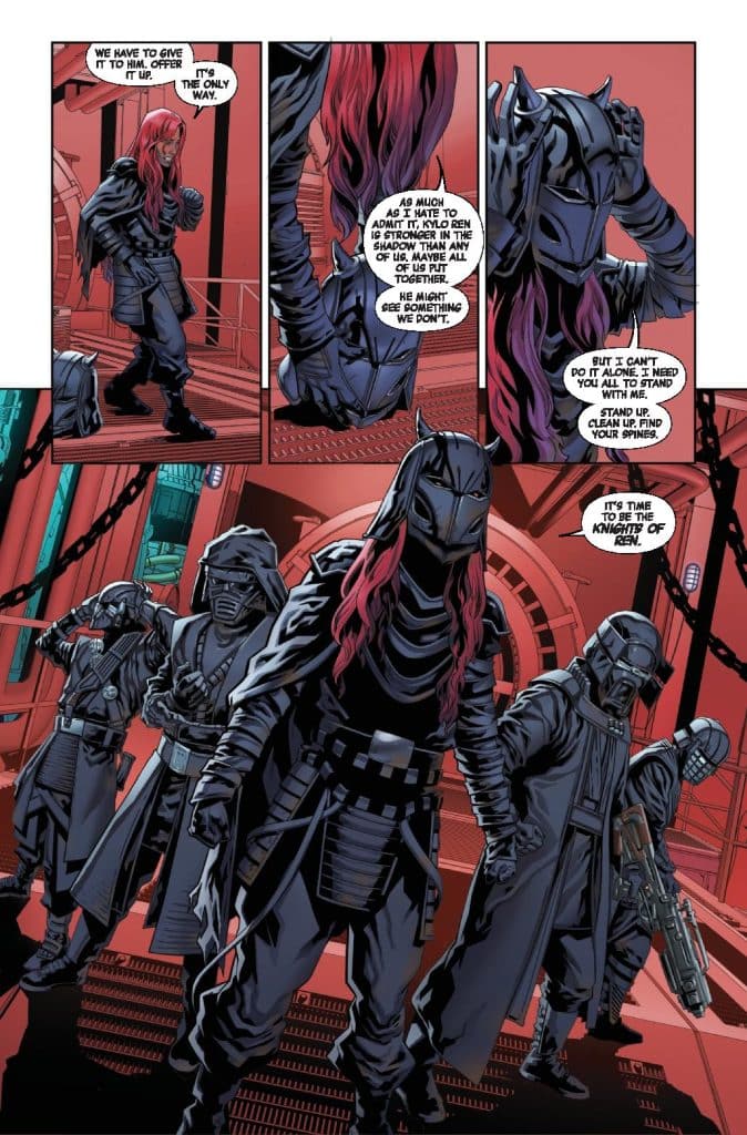 A group of characters in dark, armored clothing stands in a red and metallic environment. One character has long, flowing red hair and is facing the viewer, while others appear more concealed. Dialogue balloons indicate a tense discussion about their allegiance and strategy, referencing a character named Kylo Ren.