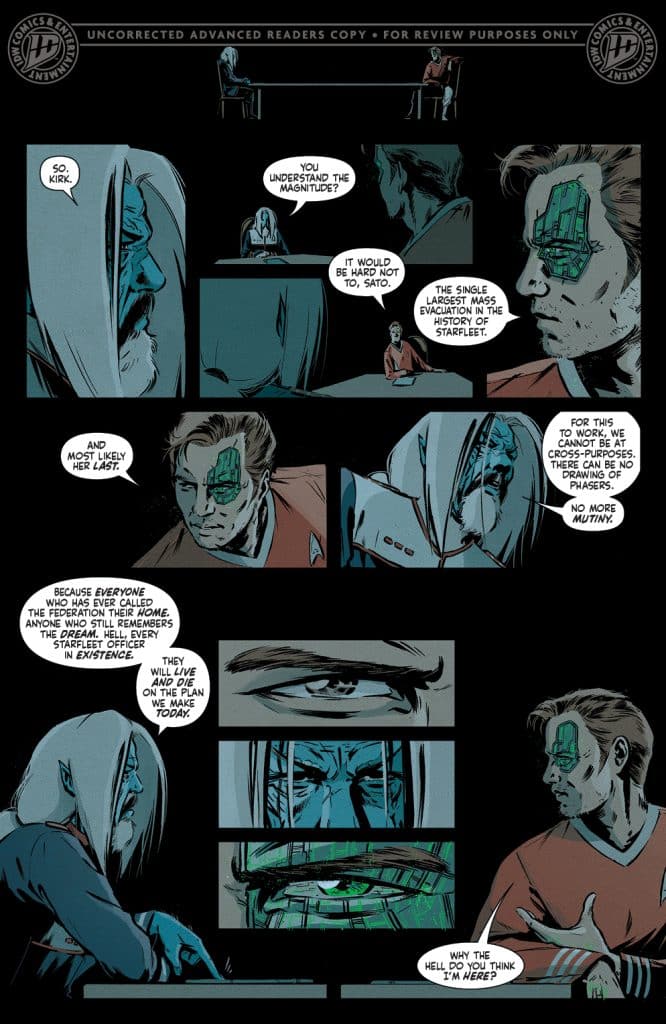 A comic book panel featuring two characters in a tense conversation at a table. One character, with a cybernetic eye and facial marking, expresses the high stakes of a situation. The other character listens intently, highlighting the theme of critical choices and consequences.