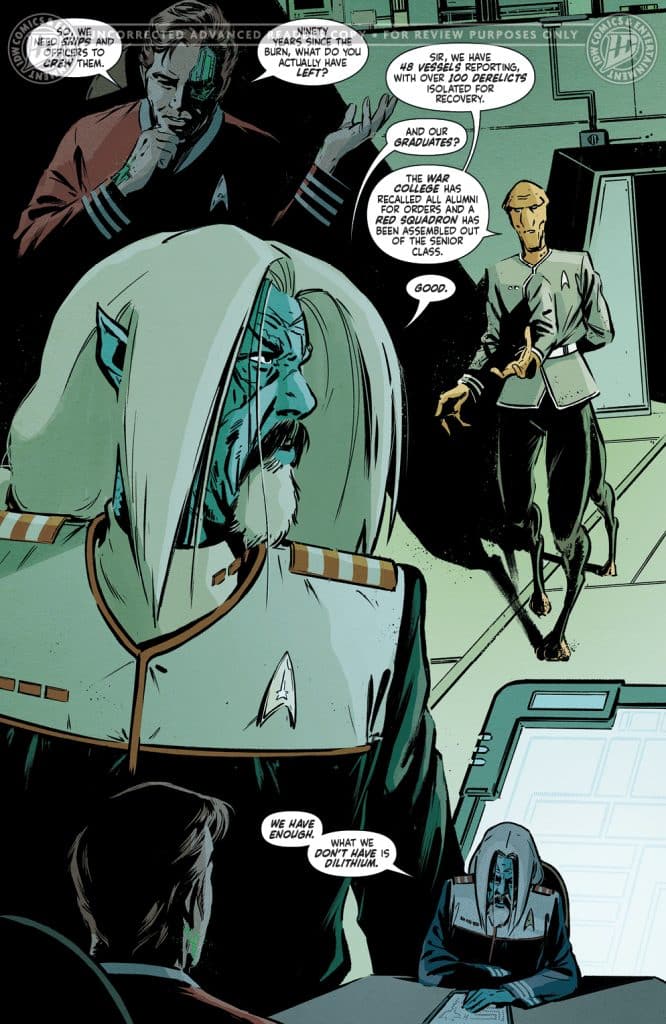 A scene from a comic book featuring two alien characters in Starfleet uniforms discussing the status of depleted resources and personnel. One character expresses concern about the lack of dilithium, while another shares updates on various ships and graduates.