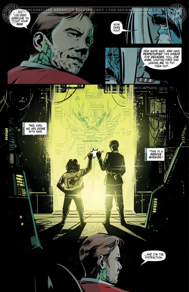 A comic book panel depicting a tense dialogue between three characters inside a futuristic setting. One character, with facial tattoos and a concerned expression, confronts another character. A third figure, dressed in an outfit hinting at authority, stands nearby. The background features glowing technological elements.