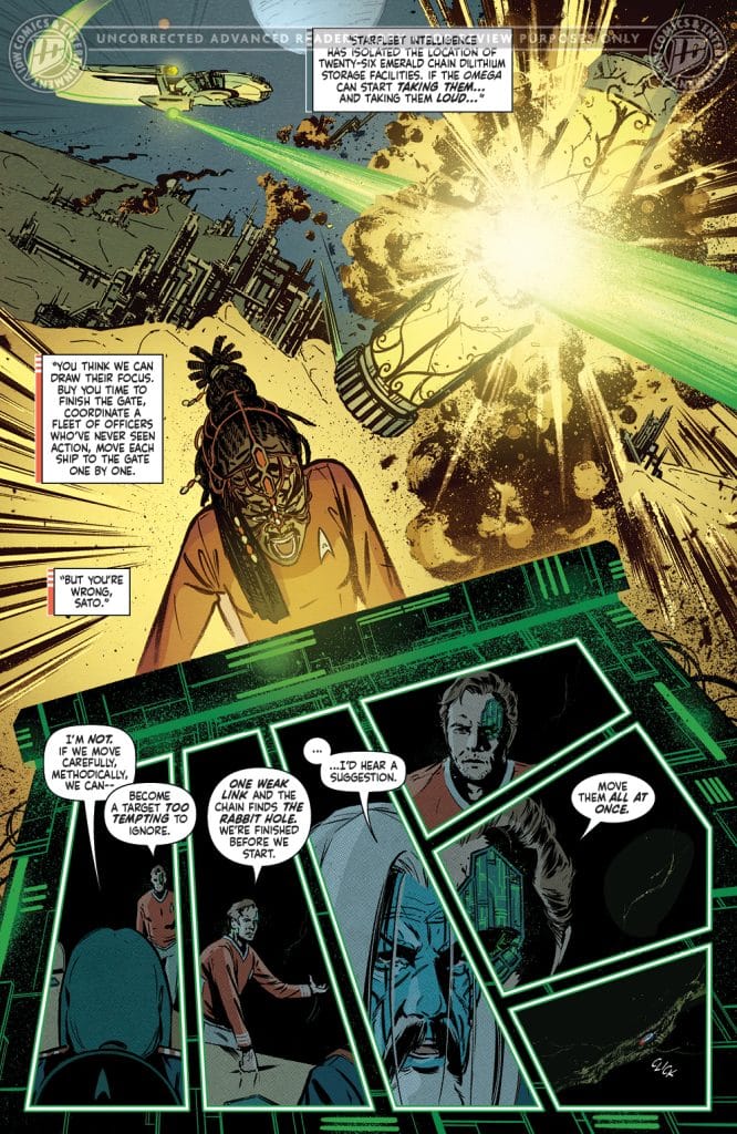An illustrated comic panel depicting a tense discussion among three characters, set against a backdrop of spaceships and explosions. One character expresses a strategic concern while another suggests an action plan, highlighting the urgency of their situation.