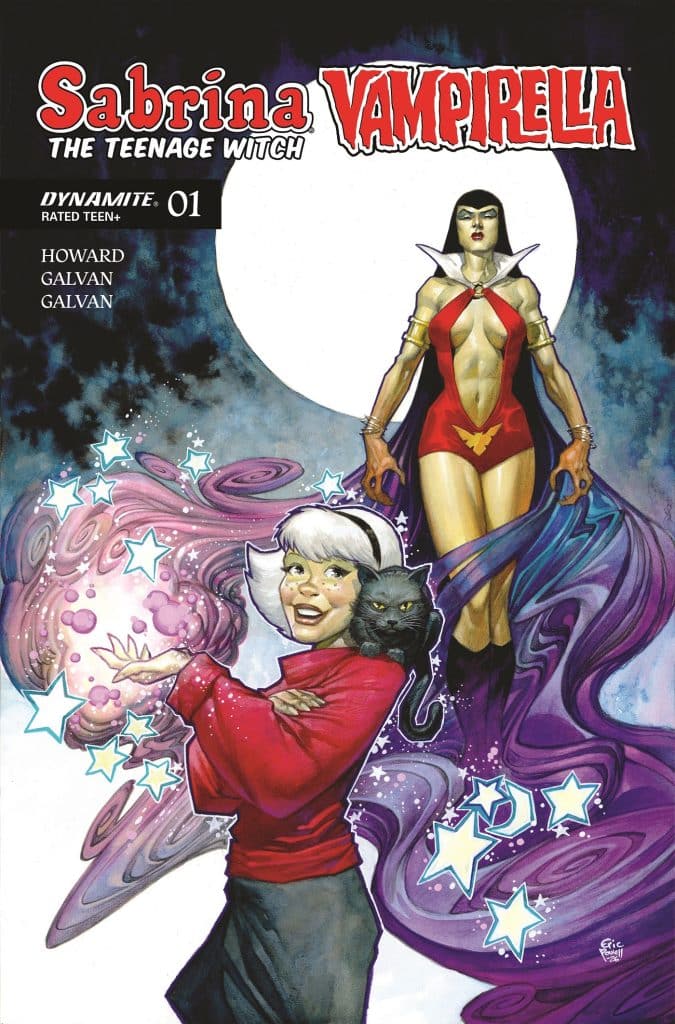 A comic book cover featuring Sabrina the Teenage Witch smiling and holding a black cat, surrounded by colorful magical swirls and stars, with Vampirolle in a striking red and black costume in the background.