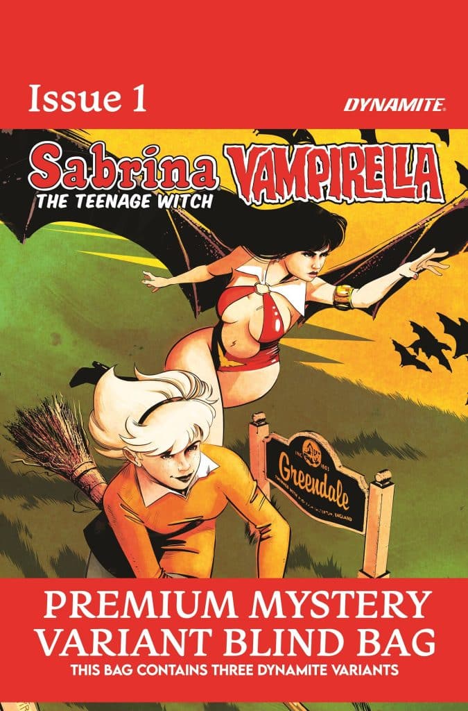 Comic book cover featuring Sabrina the Teenage Witch and Vampirella, with a vibrant background of bats and a sign for Greendale. Text indicating it's Issue 1 and a Premium Mystery Variant Blind Bag.