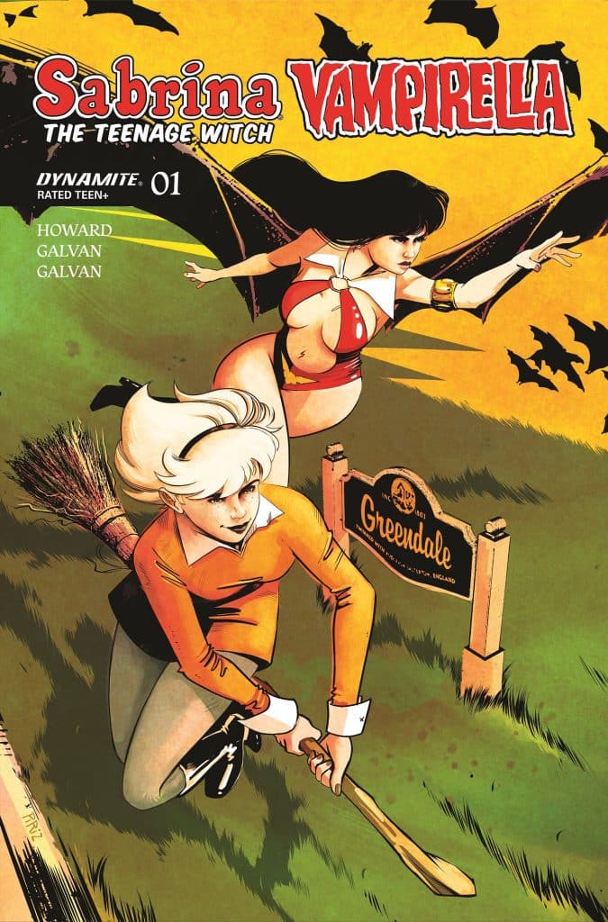 Comic book cover featuring Sabrina the Teenage Witch and Vampirella. Sabrina is flying on a broomstick with a determined expression, while Vampirella hovers above her, dressed in a red costume. The background includes a sign reading 'Greendale' and bats flying in the sky.