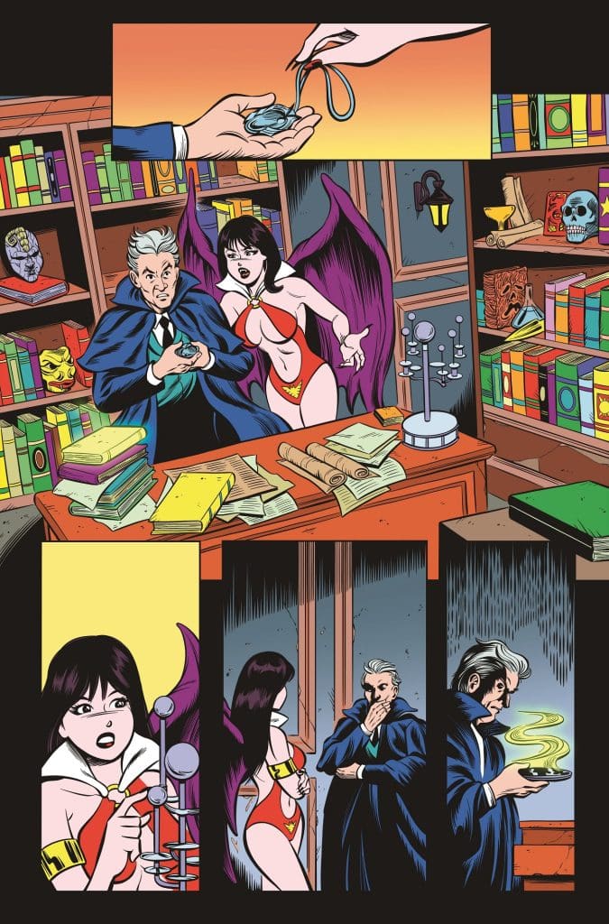 A comic panel featuring a wizardly man in a blue cloak and a winged woman in a red outfit, surrounded by mystical books and artifacts. The man appears to be receiving a magical object from a hand in the top panel, while the woman looks concerned. Other panels show her holding a device and two characters observing a mysterious glowing object.