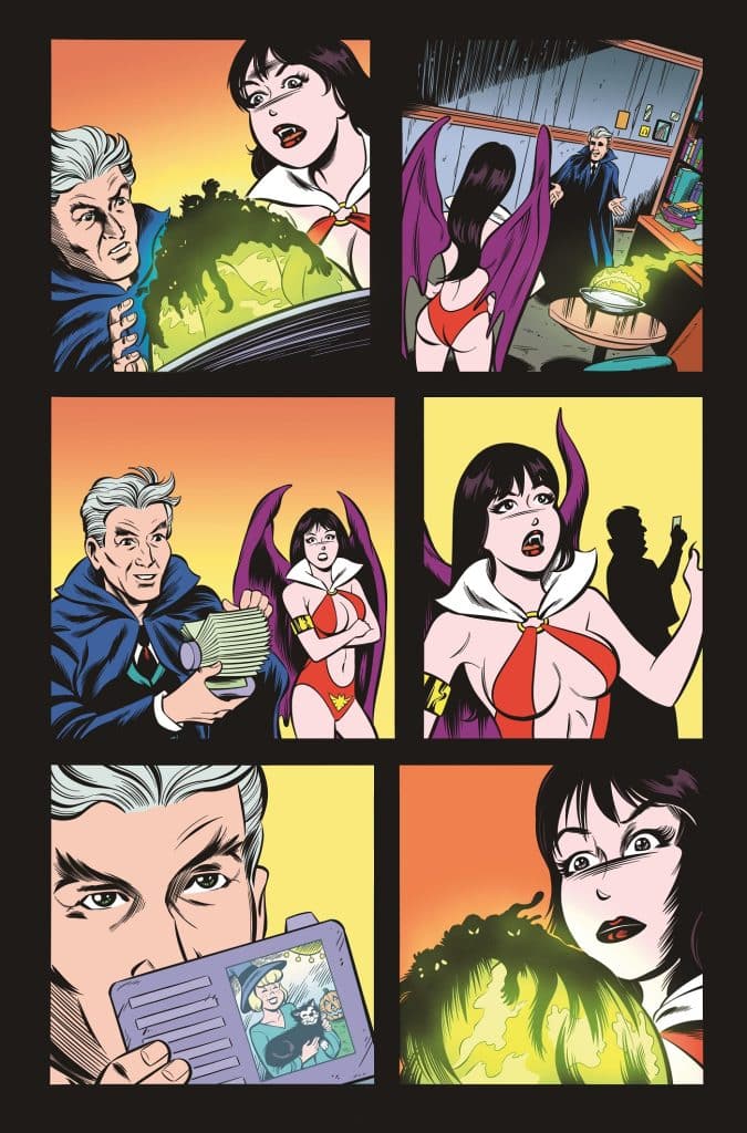 A comic panel featuring a woman with wings looking surprised at a glowing green substance.