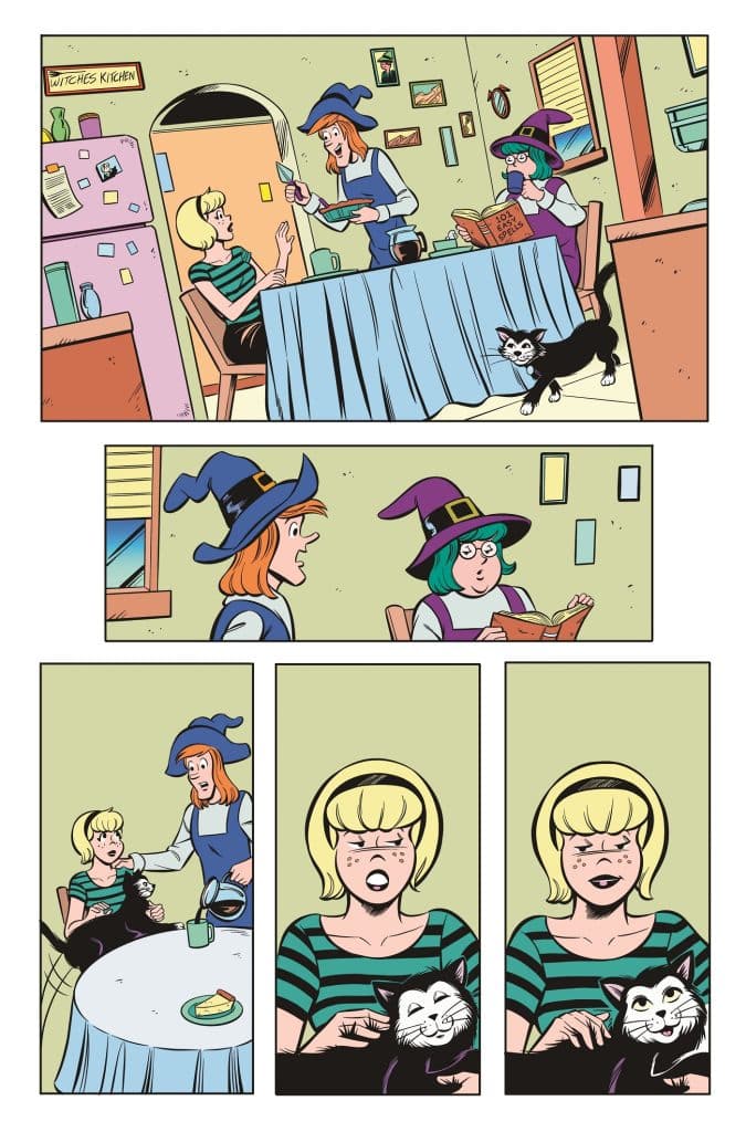 A comic strip featuring three characters: two witches and a girl, interacting in a kitchen with a black cat.