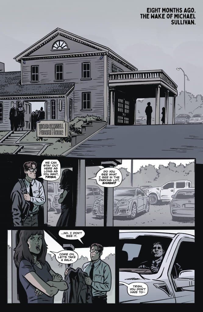 A funeral home with a sign reading 'Water O'Connell Funeral Home.' A group of people gathered at the entrance, while two individuals stand nearby, conversing. In the background, cars are parked in the lot. The scene is depicted in a muted color palette, emphasizing a somber mood.