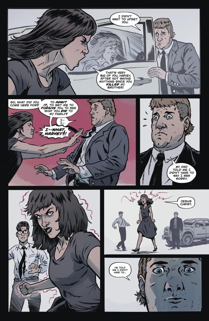 A tense comic panel depicting a heated confrontation between a woman and a man in formal attire. The woman expresses anger, claiming the man killed her brother, while he appears nervous and defensive. Background characters observe the interaction.