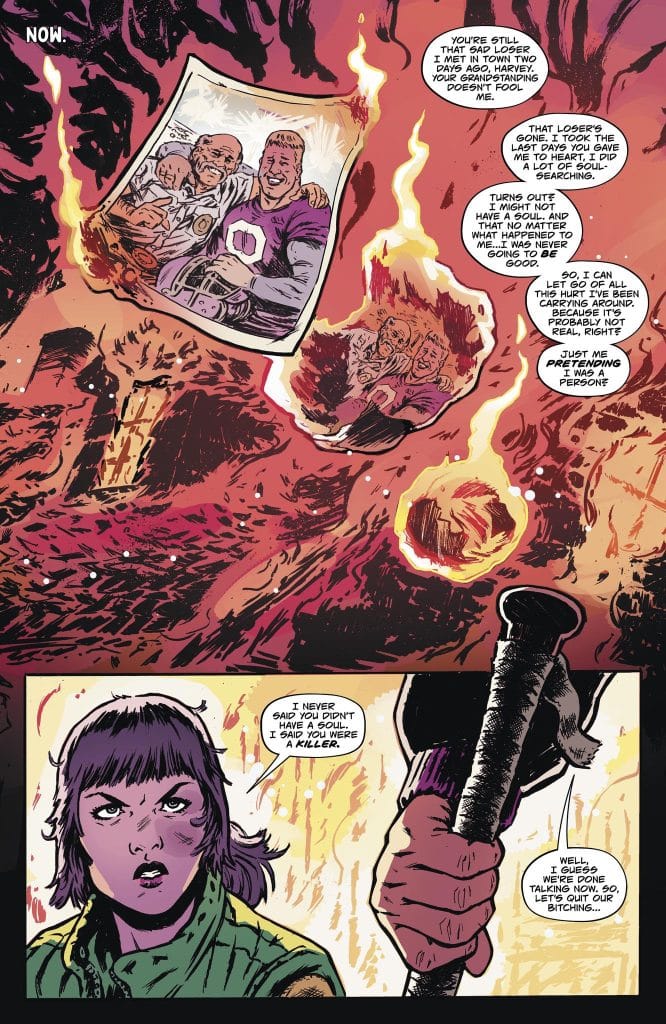 A comic book scene depicting a character holding a weapon, looking intense, while another character's voice is heard in speech bubbles discussing themes of identity and morality against a dramatic, fiery background and an old photograph.