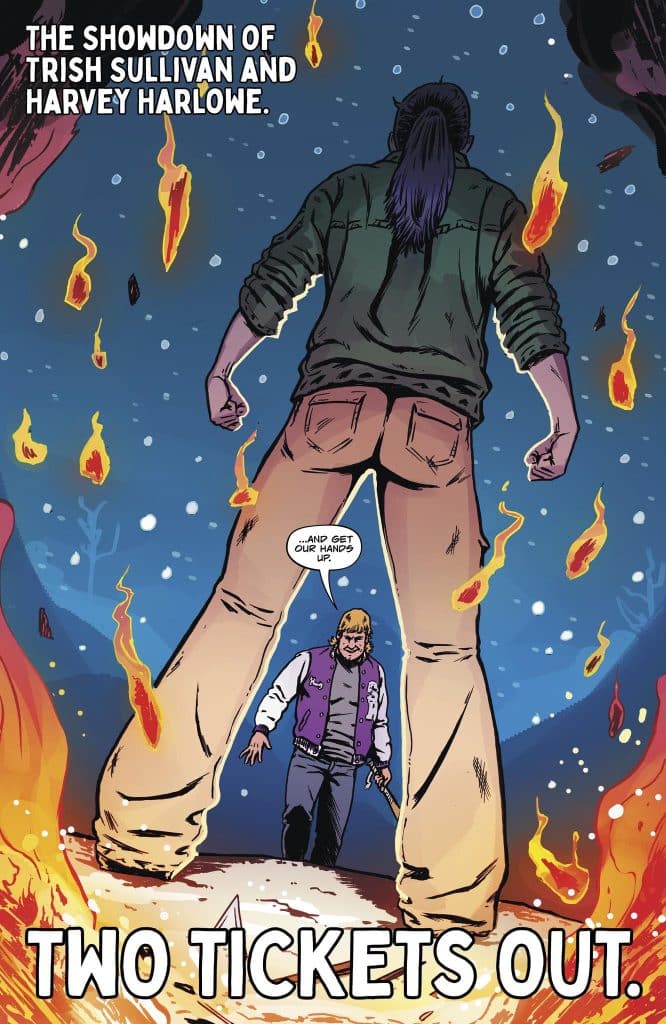 A dramatic comic panel depicting a showdown between two characters, Trish Sullivan and Harvey Harlowe. The background features flames and a mystical atmosphere, emphasizing tension in the scene.