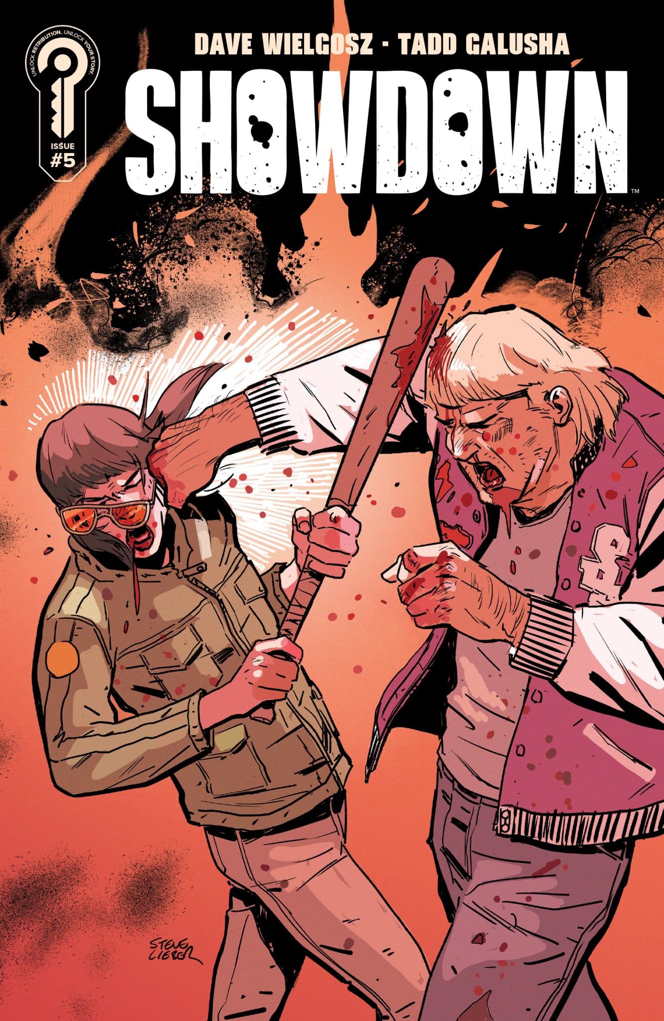 Comic book cover for 'Showdown' issue #5, depicting two characters in a fierce fight. One character is swinging a baseball bat while the other appears to be defending with a weapon, both showing signs of struggle and aggression.