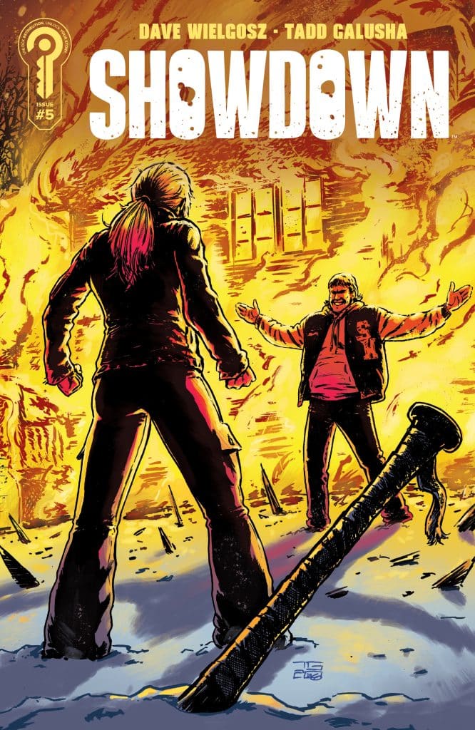 A comic book cover titled 'Showdown' featuring two characters facing each other in a dramatic pose amidst a fiery background. One character, with long hair and a determined expression, stands with a weapon in hand, while the other character, wearing a casual jacket, appears confrontational. A spiked object lies in the snow between them.