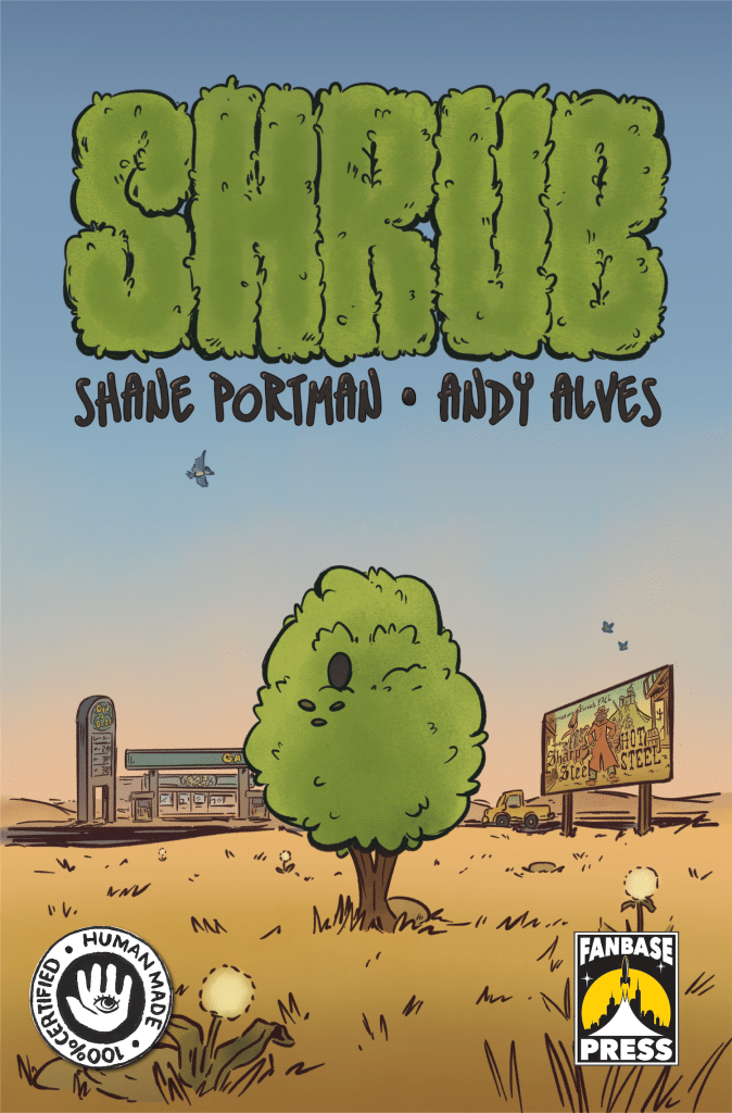 Cover of the comic book 'Shrub' featuring a stylized green shrub in the foreground, a road with a gas station and a truck in the background, and various signage on the side of the road.