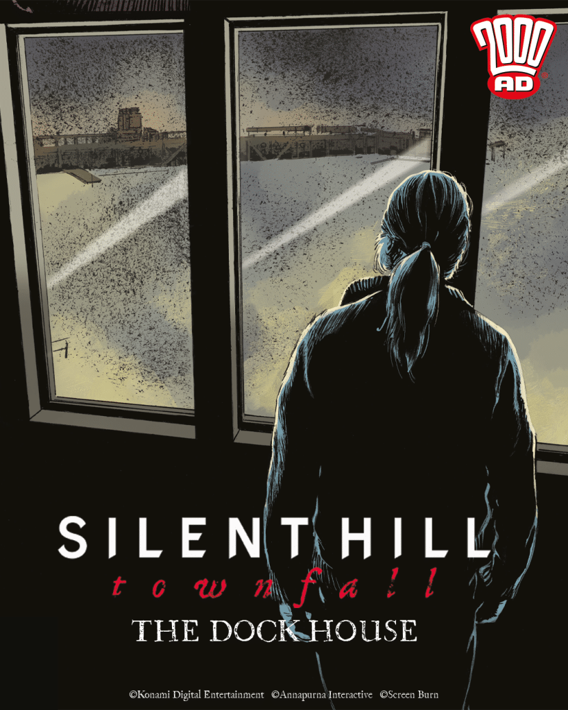 A person stands with their back to the viewer, looking out of a window at a foggy dock scene. The text 'SILENT HILL townfall THE DOCK HOUSE' is prominently displayed at the bottom.