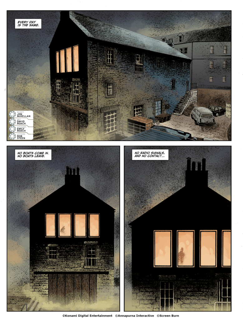 A dark, moody illustration of a building with multiple windows glowing from the inside. The scene depicts a foggy environment, emphasizing a sense of isolation and mystery. The text on the image reflects themes of monotony and lack of communication.