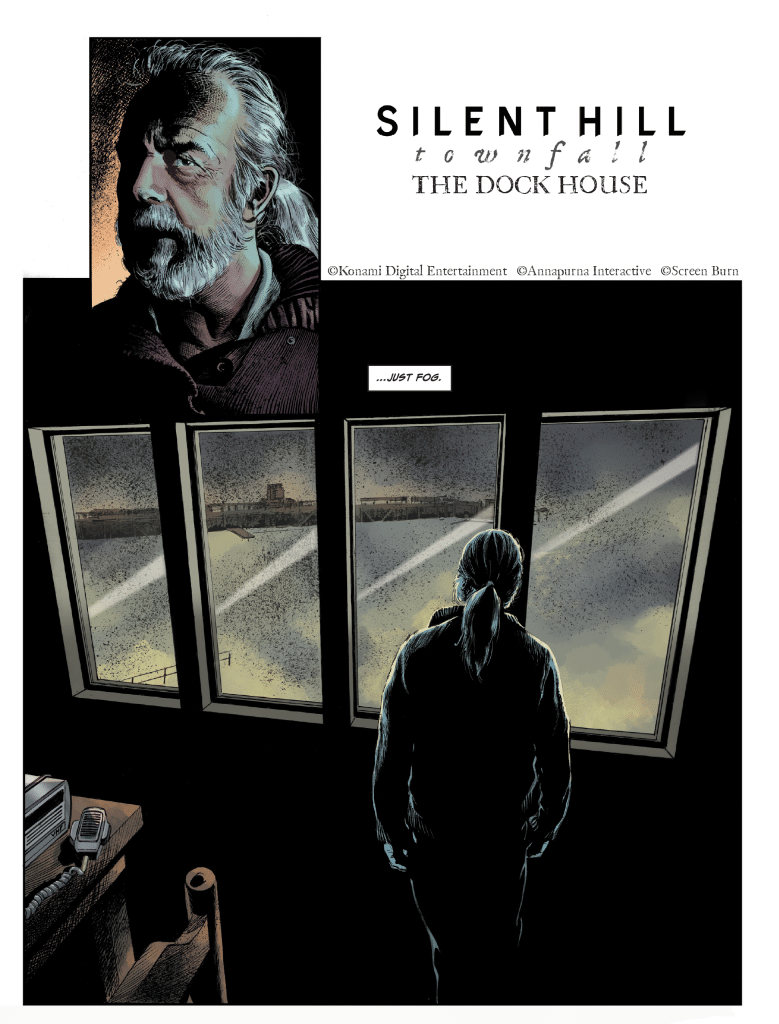 A man with gray hair and a beard is shown in a close-up panel, looking thoughtful. In the main panel, a figure stands with their back to the viewer, staring out of large windows at a foggy landscape, suggesting an atmosphere of mystery and suspense. The title reads 'SILENT HILL townfall! THE DOCK HOUSE' at the top.