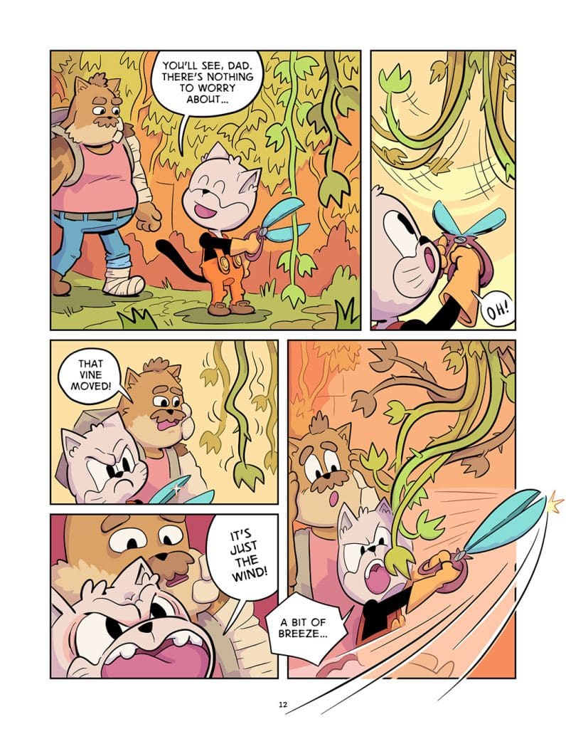 A cartoon scene featuring a young cat character holding scissors, talking confidently to a concerned bear character. In the background, vines are moving, hinting at a playful atmosphere. The cat reassures the bear by interpreting the movement as just the wind.