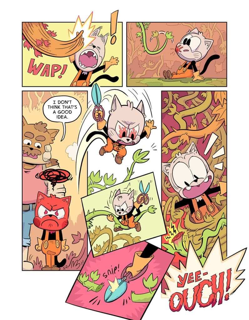 A comic strip featuring a whimsical cat character reacting with surprise and annoyance. The character is holding a pair of scissors while surrounded by tangled vines, with dynamic action words like 'WAP!' and 'YEE-OUCH!' capturing the playful chaos.
