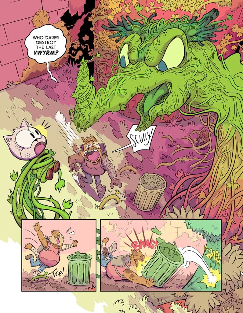 A whimsical comic panel featuring a green, plant-like creature exclaiming, 'Who dares destroy the last Vwyrm?' A startled character with a bandaged arm is shown tripping towards a trash can, while a small animal observes. The comic style is colorful and playful.
