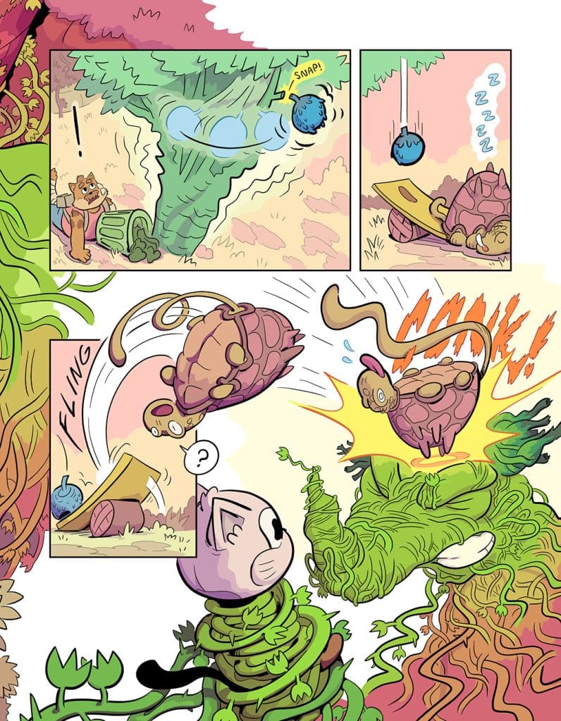 A colorful comic panel featuring a surprised cat character and various whimsical creatures, including a turtle. The turtle is launched into the air, while the cat looks on curiously. The background is filled with vibrant plant life.