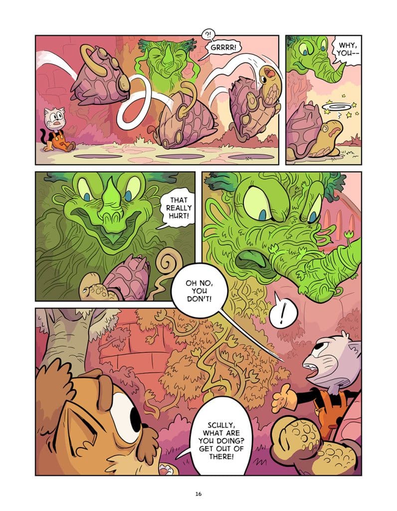 A comic panel featuring an anthropomorphic cat with a surprised expression as a green, angry creature looms above. The creature has a humorous face, while the surrounding setting is colorful and whimsical. The cat's friend, an animal in a different outfit, is warning the cat to get out of the way.