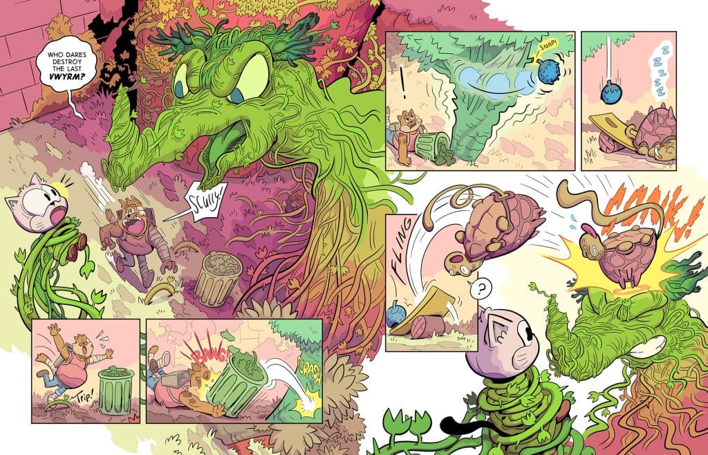 A colorful comic strip featuring a giant green plant creature confronting two characters: a small white cat and a brown anthropomorphic figure. The plant, with an expressive face, appears to be angry while the characters react with surprise and determination. The scene includes humorous elements like a trash can and various magical objects, creating a whimsical atmosphere.