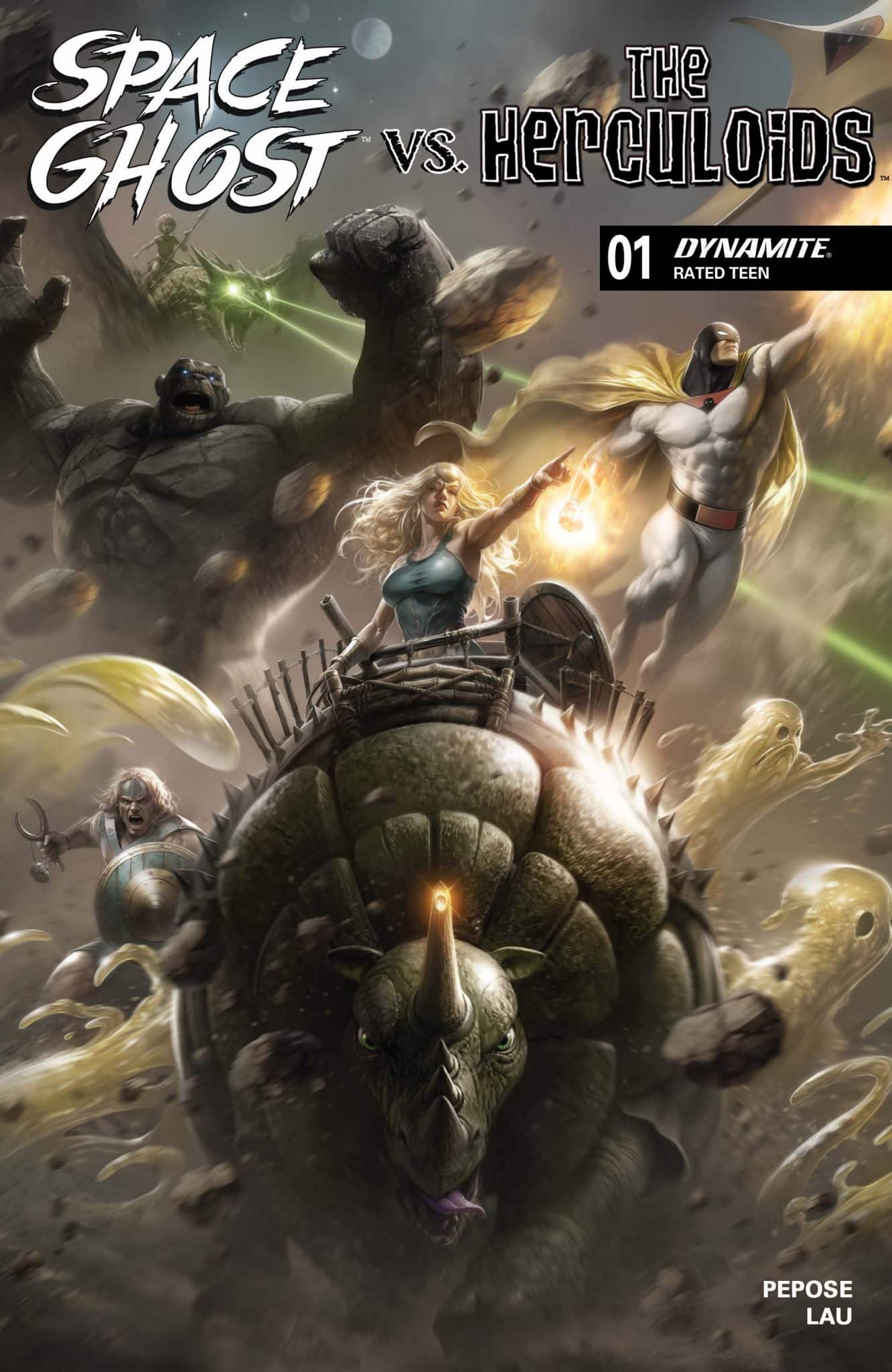 Cover of 'Space Ghost vs. The Herculoids' comic featuring Space Ghost, a female character, and various creatures battling on a rocky landscape.
