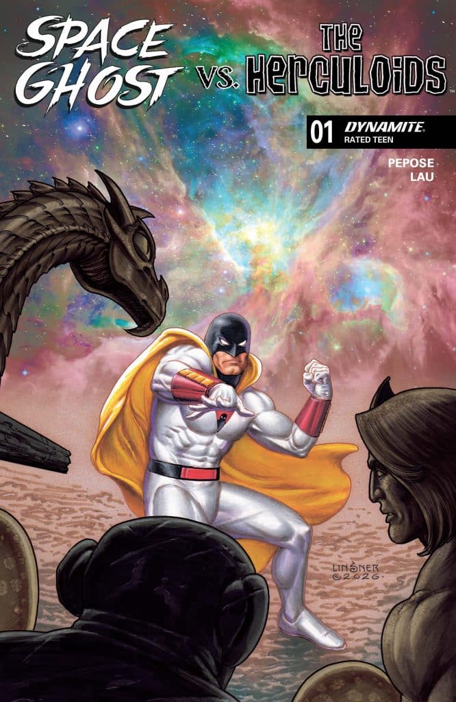 Comic book cover featuring Space Ghost in a dynamic pose against a colorful cosmic background, with characters from the Herculoids visible on either side.