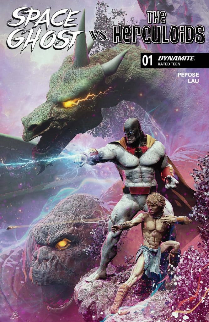 Cover art for 'Space Ghost vs. The Herculoids' featuring dynamic illustrations of Space Ghost and a Herculoid character in battle, set against a backdrop of a fierce dragon and colorful cosmic elements.