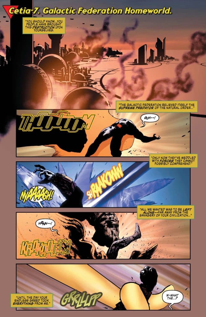 A dramatic comic panel depicting the destruction of Cetia-7, homeworld of the Galactic Federation. The scene shows characters in conflict, with visual sound effects like 'THOOOM' and 'KRAKOOM' emphasizing the chaos and action.