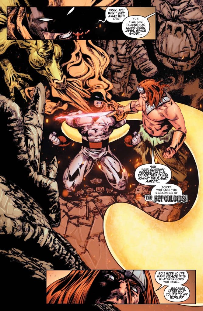 A comic book scene featuring a confrontation between several characters. One character in a dark costume holds a glowing weapon while another strong, muscular figure confronts him. The background features a rocky environment with a golden aura and other characters observing the scene.