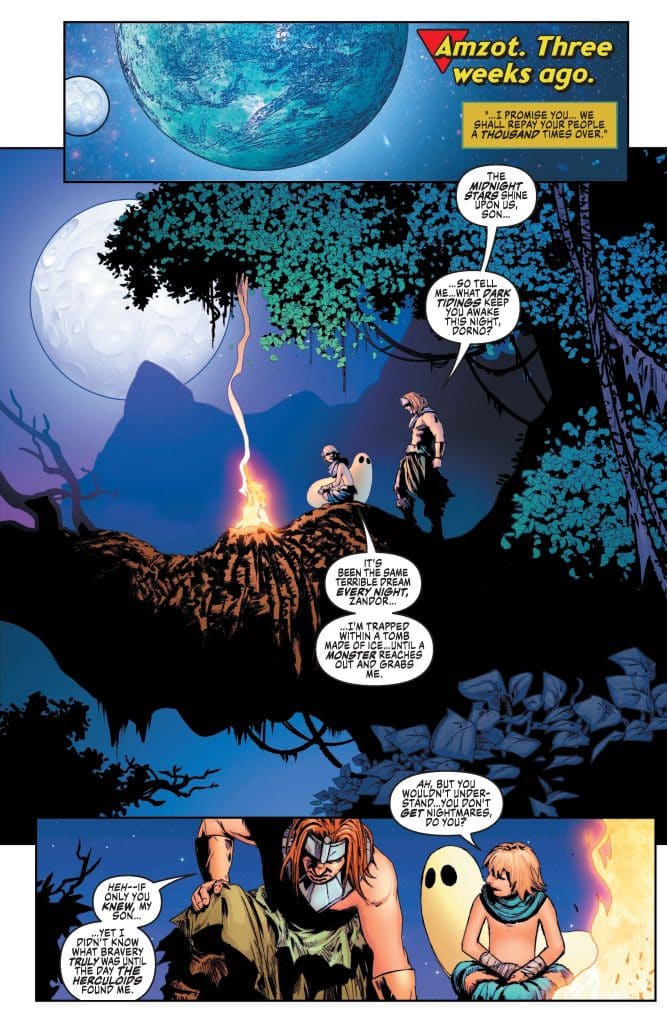 A comic book page depicting a mystical nighttime scene with two characters sitting on a tree branch. One character is speaking to the other, while a ghostly white figure sits beside them. This scene is set against a backdrop of stars and planets, reflecting a fantastical theme.