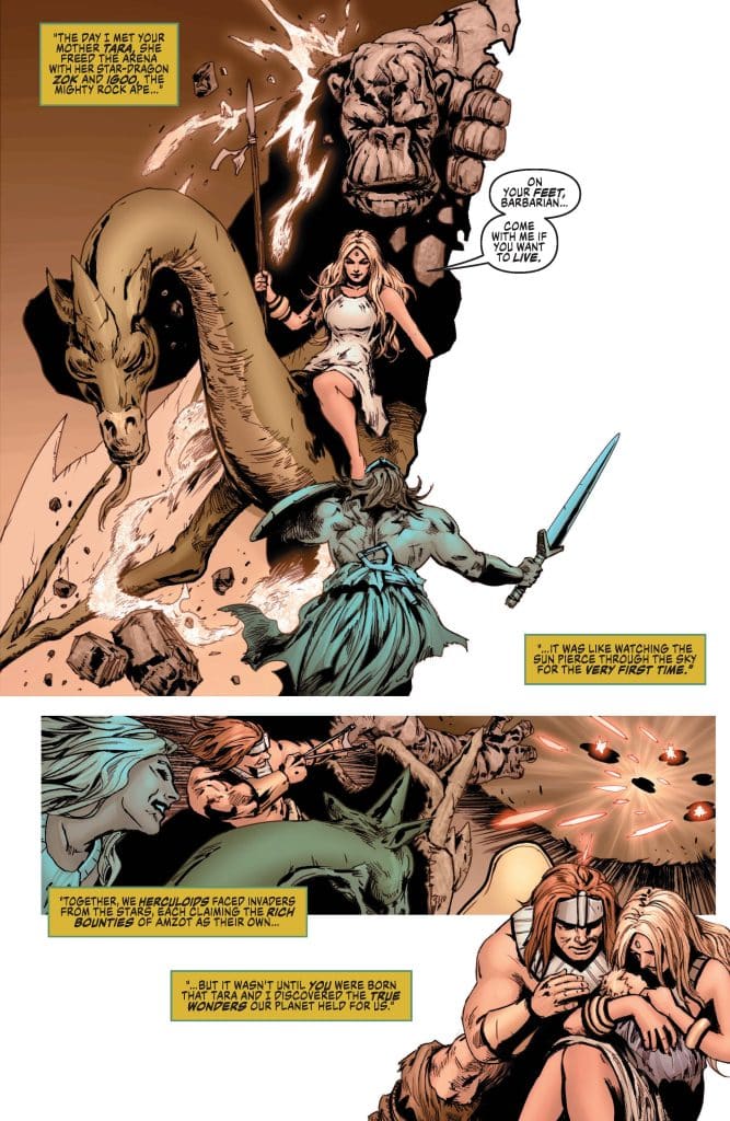 A warrior woman stands confidently on top of a large dragon, wielding a spear. In the background, a giant hand reaches down, and a group of warriors engages in battle. The scene conveys a sense of action and adventure with comic-style graphics.