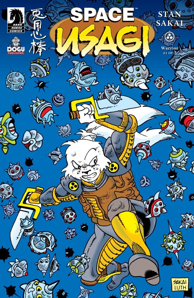 Cover art for 'Space Usagi' comic featuring a character resembling a rabbit warrior in a futuristic suit, wielding a sword and surrounded by various cartoonish alien fish.