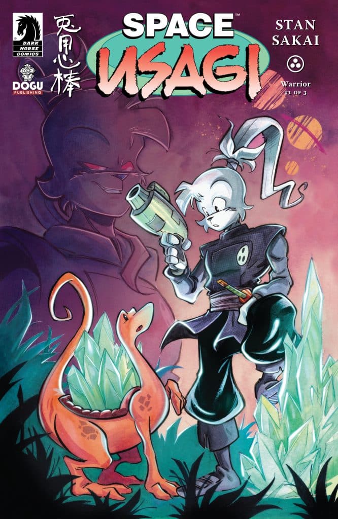 Comic book cover of 'Space Usagi' featuring a samurai rabbit holding a futuristic blaster, accompanied by a small dinosaur-like creature among crystalline structures.