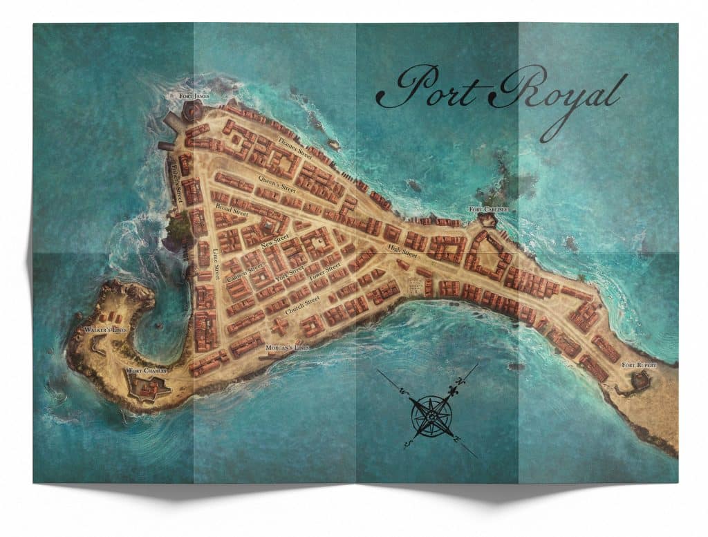 Map of Port Royal showing streets, buildings, and surrounding water.