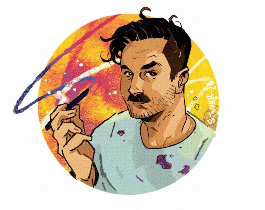 Illustration of a man with a mustache holding a pen, set against a colorful circular background.