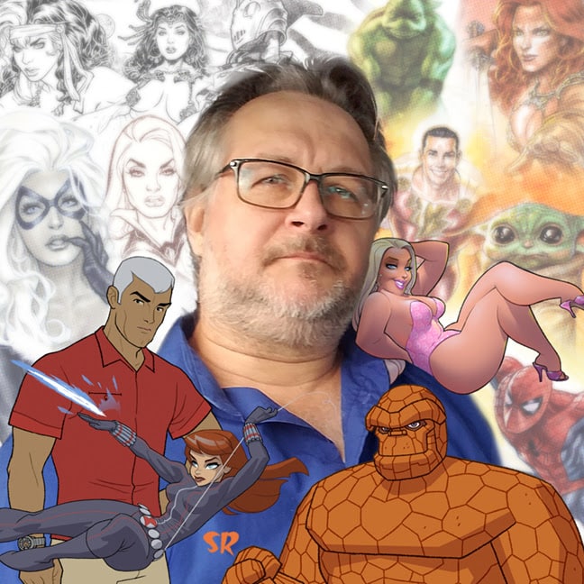 A man with glasses poses in front of a colorful background featuring various cartoon characters and comic book illustrations, including superheroes and a woman in a revealing outfit.