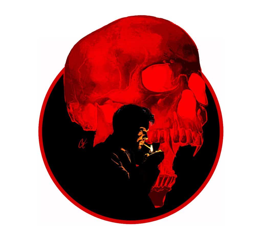 A silhouette of a man lighting a cigarette in front of a large red skull, set against a black background with a circular red border.