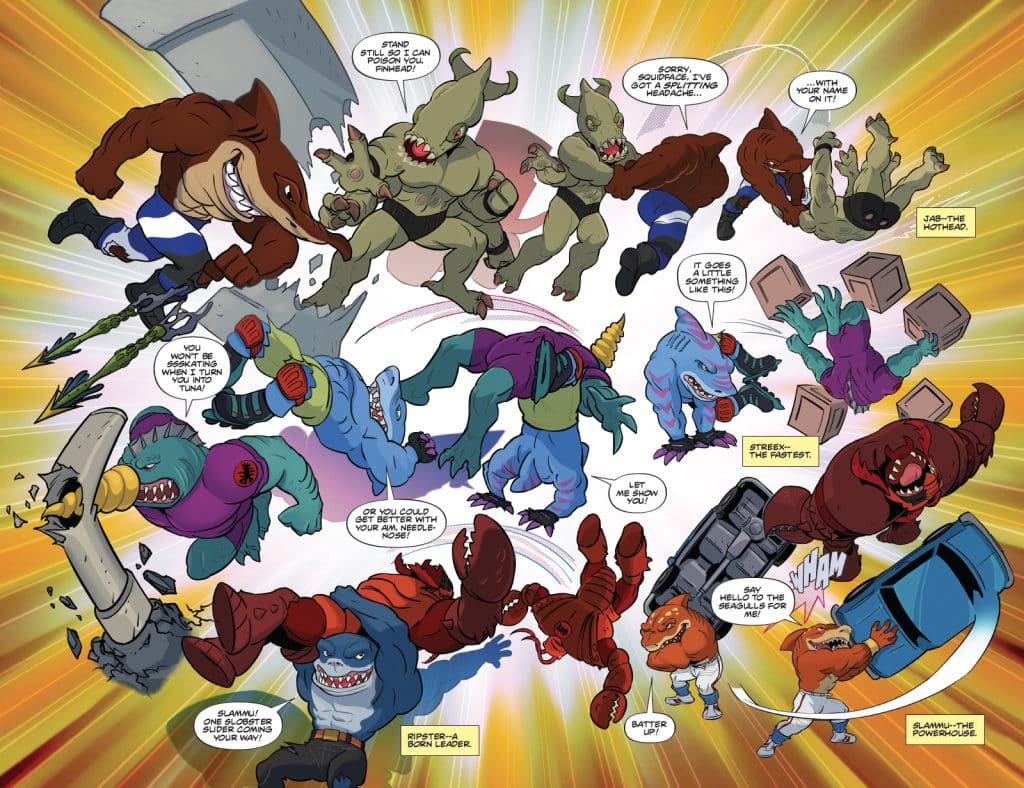 A dynamic comic panel featuring various anthropomorphic sea creatures engaged in a chaotic fight, with colorful motion effects and dialogue bubbles displaying humorous banter. Characters include a shark, a squid, and other sea-themed creatures, showcasing their unique abilities and weapons.