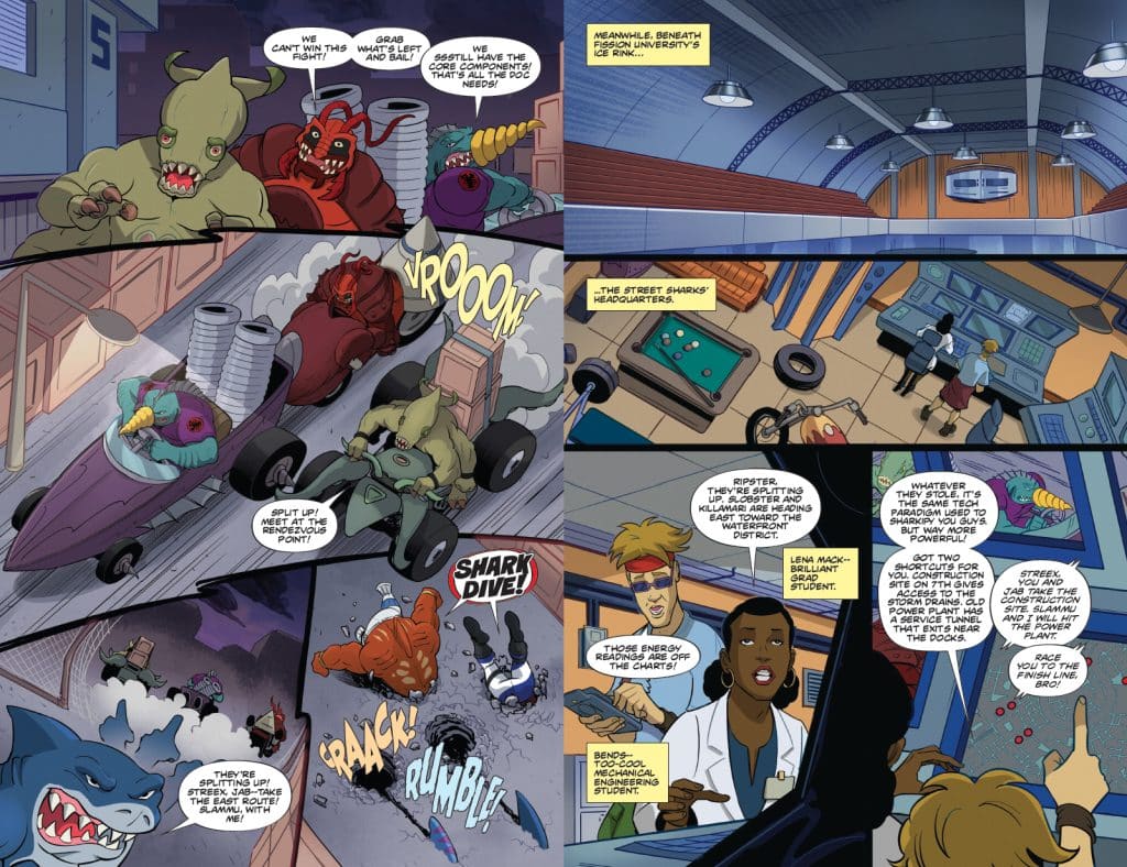 A comic book scene featuring anthropomorphic characters driving colorful racing vehicles, with dialogue emphasizing a high-speed chase scenario. The characters include a shark, a bird-like creature, and a monster, amidst dynamic action and comic-style text effects.