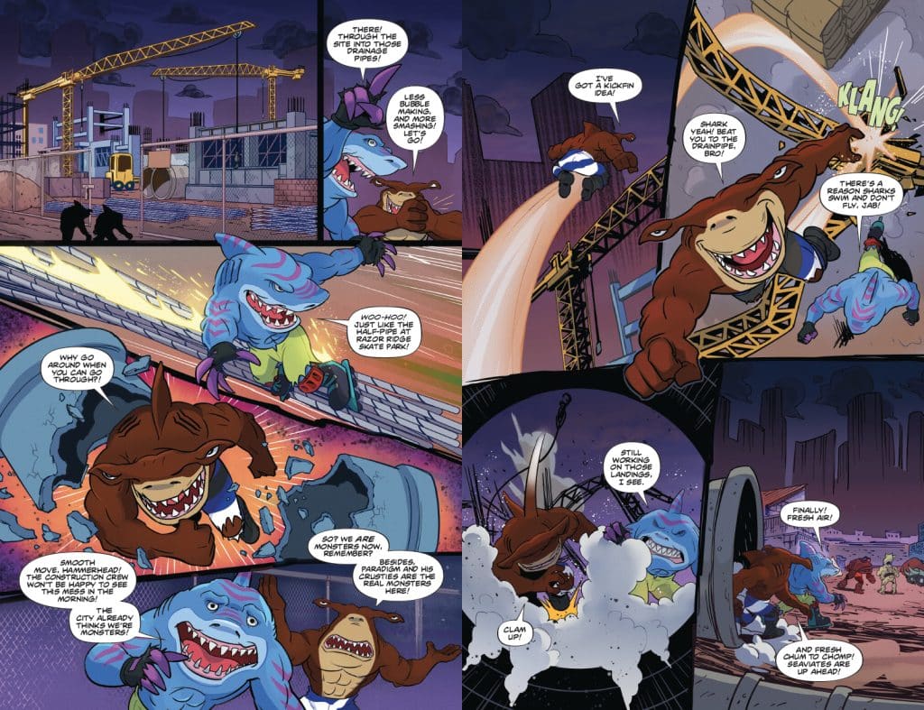 A comic strip featuring cartoon sharks and a hammerhead character navigating through a construction site, engaging in playful banter while performing stunts and breaking through obstacles.