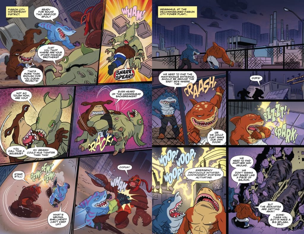 A comic page depicting a vibrant battle scene between anthropomorphic sea creatures in a city setting. Characters showcase playful dialogue while engaging in humorous, exaggerated combat moves. The background features an urban environment, including a decommissioned power plant.