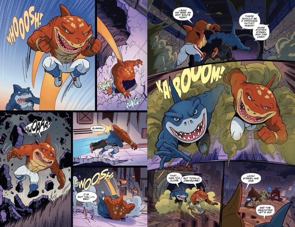 A colorful comic panel featuring two anthropomorphic sea creatures, a orange shark-like character and a blue shark-like character, engaged in dynamic action. The orange character is jumping mid-air, while the blue character is running below. Various text effects like 'WHOOSH!' and 'KA-BOOM!' illustrate the movement and excitement of the scene.