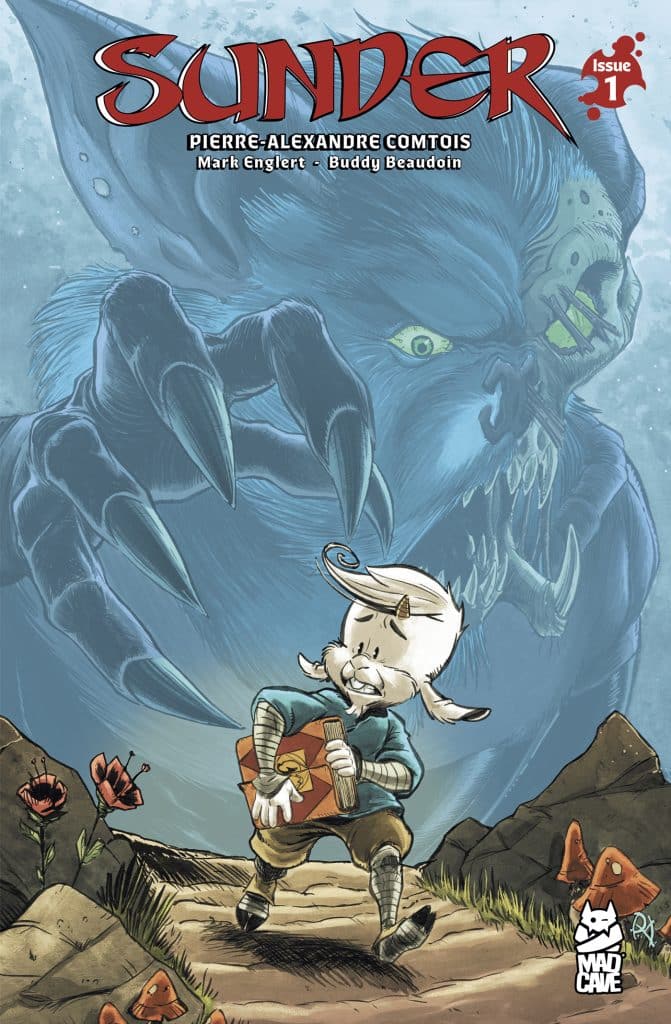Comic book cover for 'Sunder' Issue 1 featuring a small character with a box on a rocky path, surrounded by flowers and mushrooms, with a large beast looming in the background.