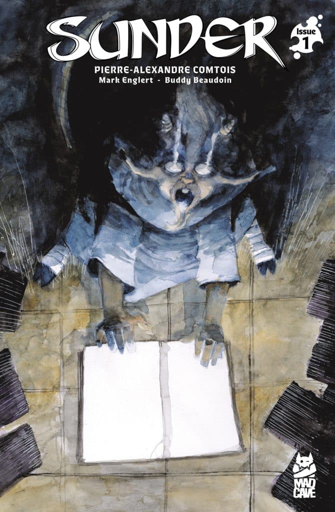 Cover of the comic book 'Sunder' Issue 1, featuring an eerie, expressive character looking down at an open book on the floor, surrounded by scattered black pages.