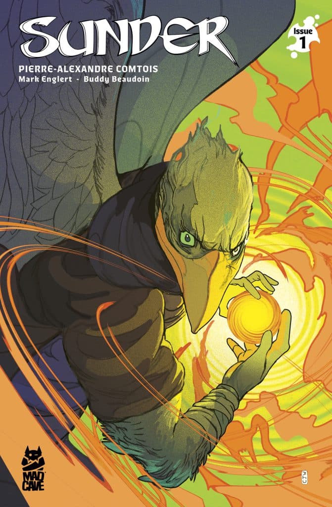 Comic book cover for 'Sunder' Issue 1 features a character with bird-like features holding a glowing orb against a colorful background.