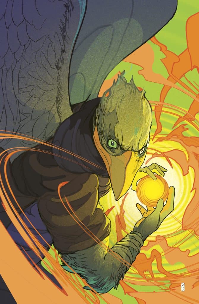 A humanoid figure with bird-like features, holding a glowing orb, surrounded by swirling orange and green energy.